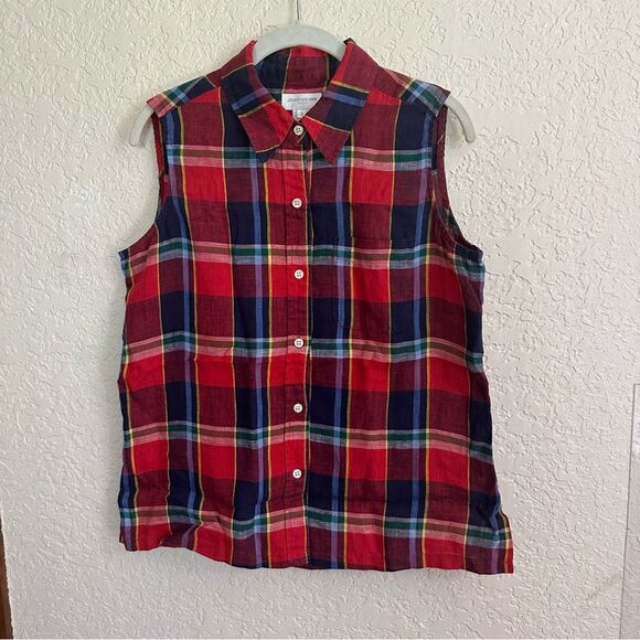 Jones New York Red Blue Plaid Linen Sleeveless Collar Button Shirt SIZE 8 - Picture 3 of 7